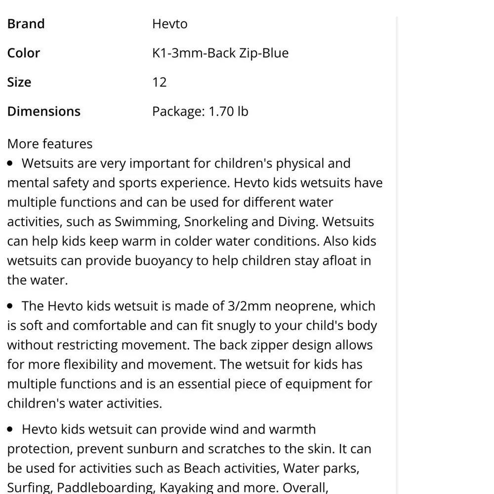 Hevto Wetsuit Kids Size 12 Black Blue New 3/2mm Neoprene Full Body‎ Long Sleeve